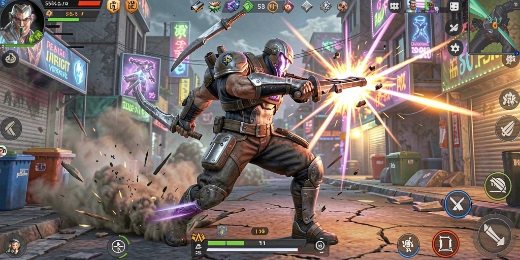 Screenshot gameplay 55RP menampilkan pertarungan ketat antar karakter.