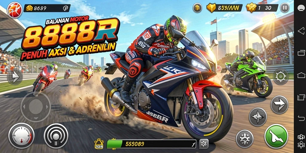 Screenshot gameplay 888R menampilkan aksi balapan motor yang seru.