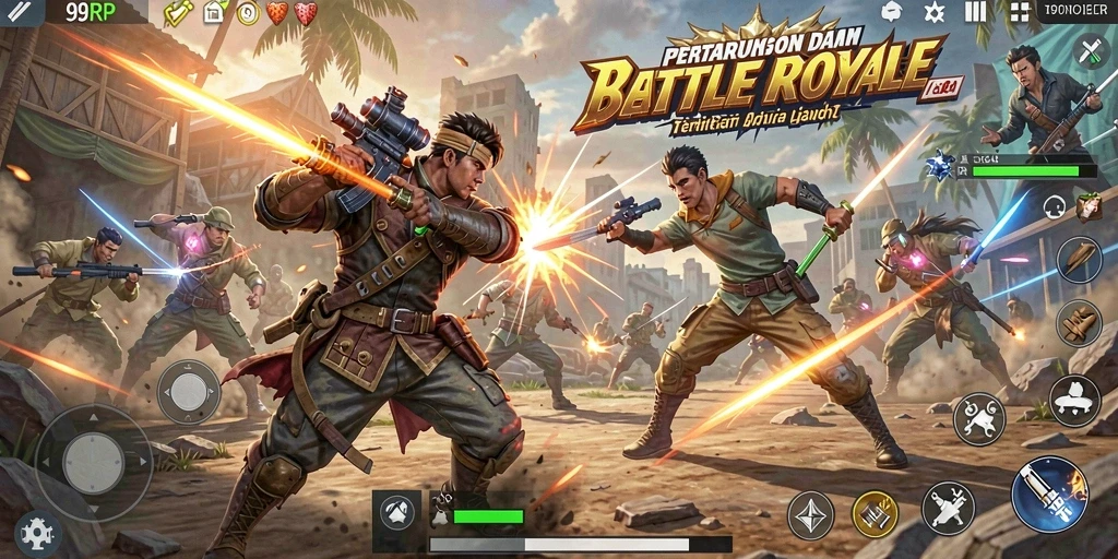 Tampilan gameplay intens dari 99RP dalam pertempuran Battle Royale.