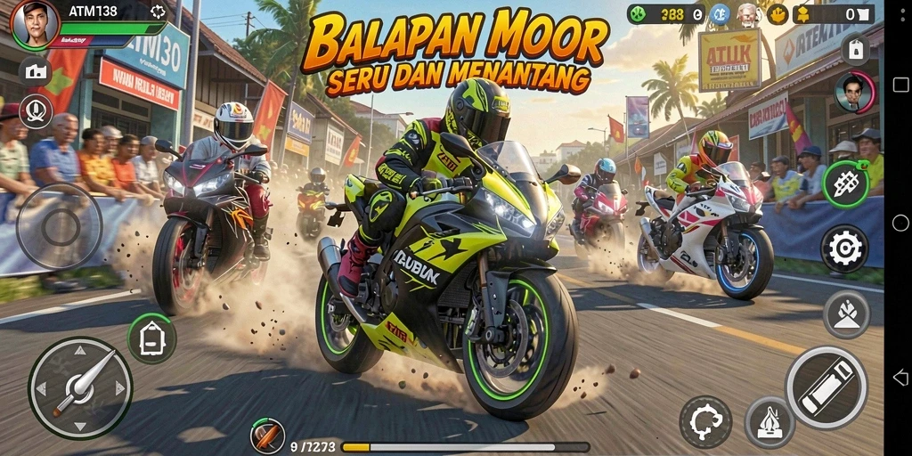 Screenshot ATM138 menampilkan aksi balapan motor yang mendebarkan.