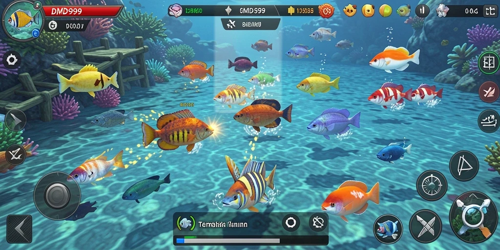 Screenshot gameplay DMD999 yang menampilkan aksi menangkap ikan.