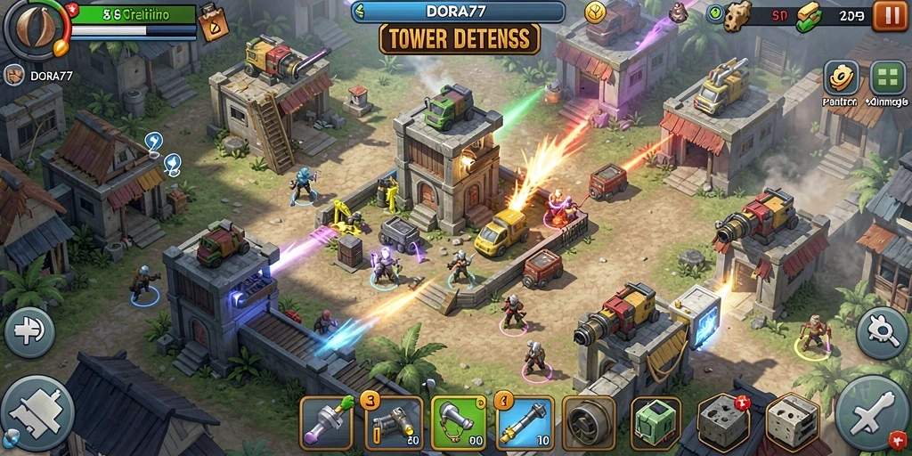Screenshot DORA77 menampilkan gameplay menegangkan dalam Tower Defense.