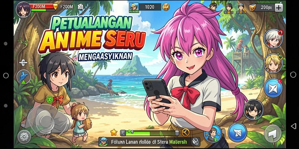 Screenshot F200M menampilkan karakter Anime dalam aksi seru di medan pertempuran.