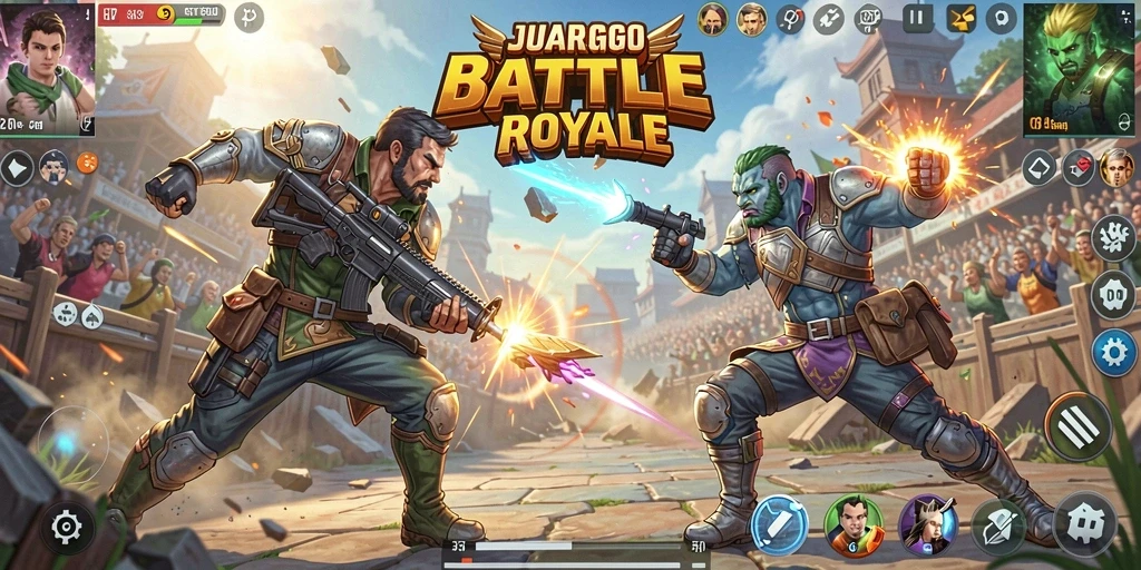 Tangkapan layar gameplay JUARAGO dengan aksi Battle Royale yang intens.