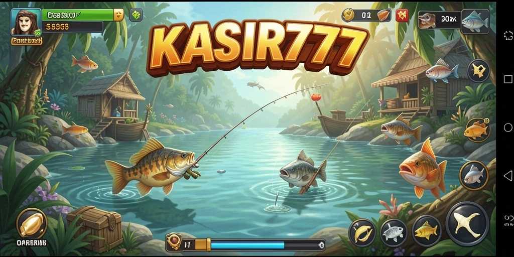 Screenshot gameplay KASIR777 menampilkan seorang pemain sedang memancing di danau yang indah.
