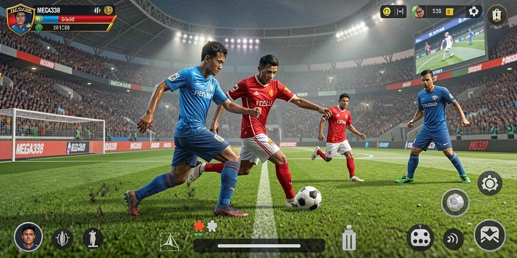 Tangkapan layar gameplay MEGA338 menampilkan aksi sepak bola yang mendebarkan.