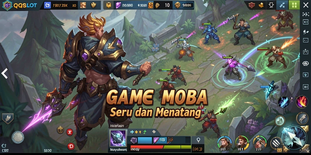 Screenshot dari gameplay QQSLOT menampilkan aksi pertempuran seru di arena MOBA.