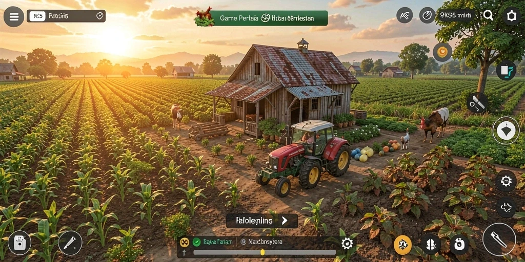 Tampilan gameplay RK55 yang menampilkan aktivitas bertani yang seru.