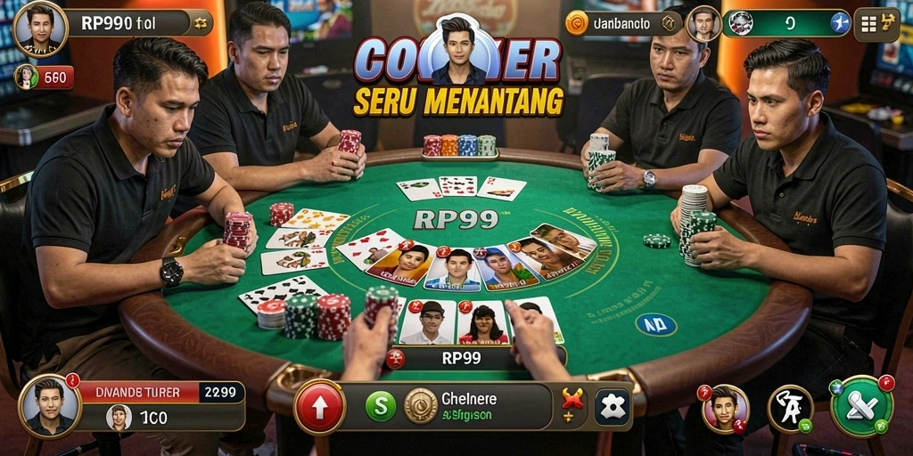 Screenshot utama RP99 menampilkan pemain yang tengah bersaing di meja poker.