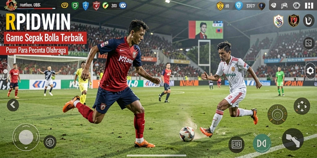 Tampilan gameplay RPIDWIN dengan aksi sepak bola yang seru.